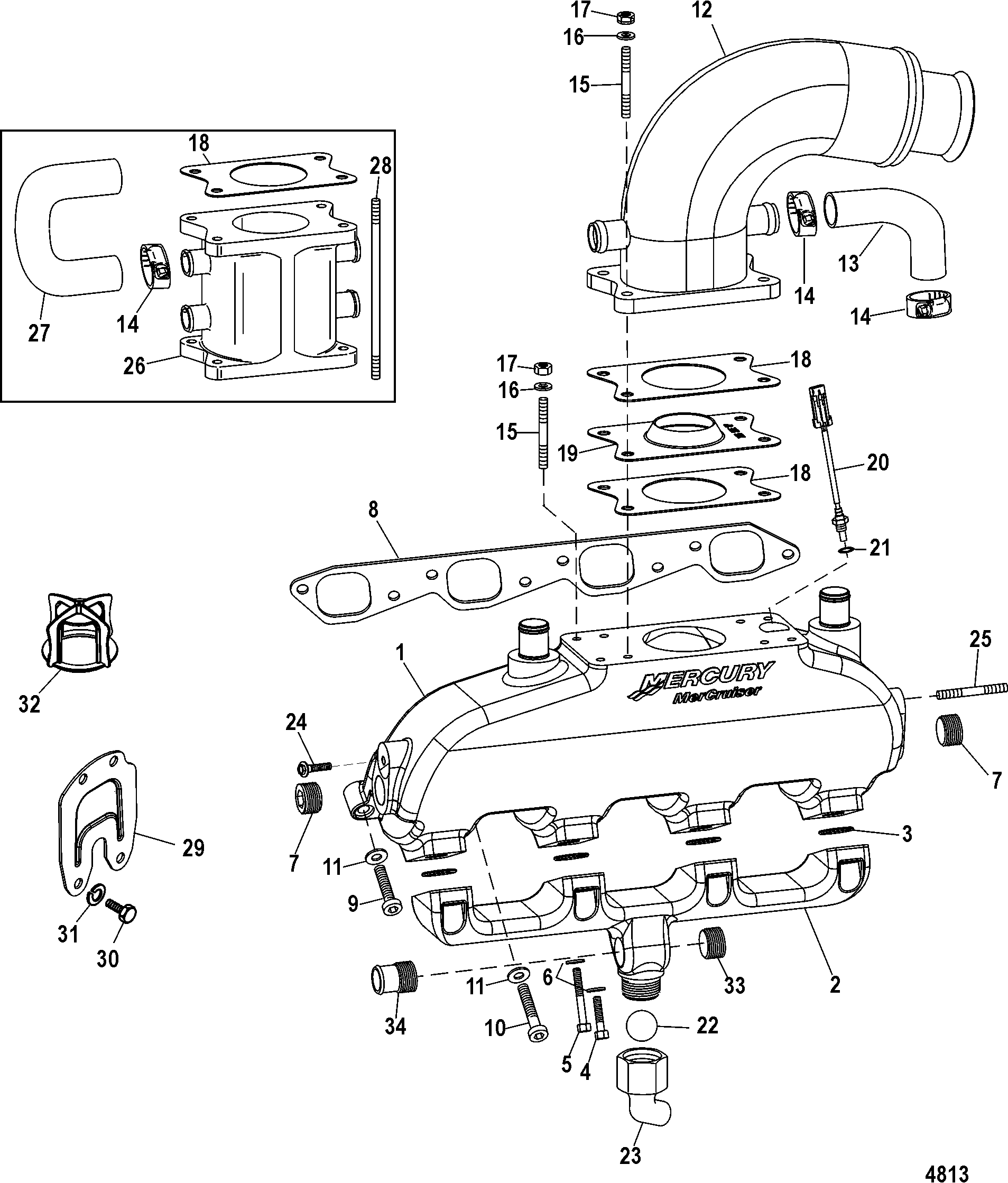 EXHAUST MANIFOLD(W/ WATER RAIL), ELBOW, AND RISER
