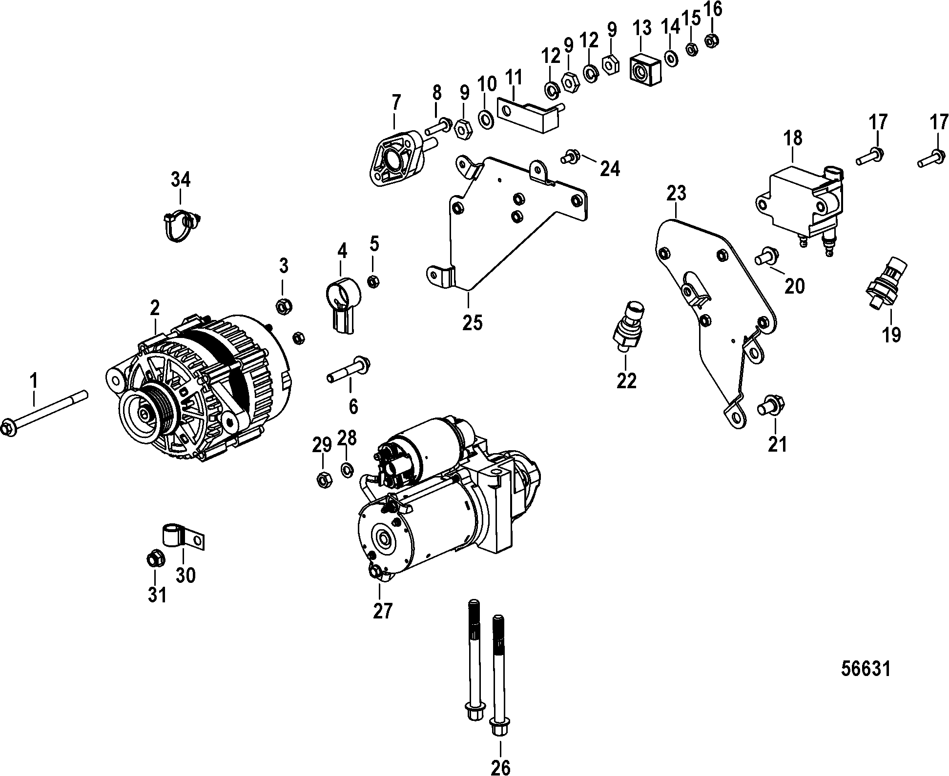 Electrical Components, Starter, Alternator, and Coil Bracket
