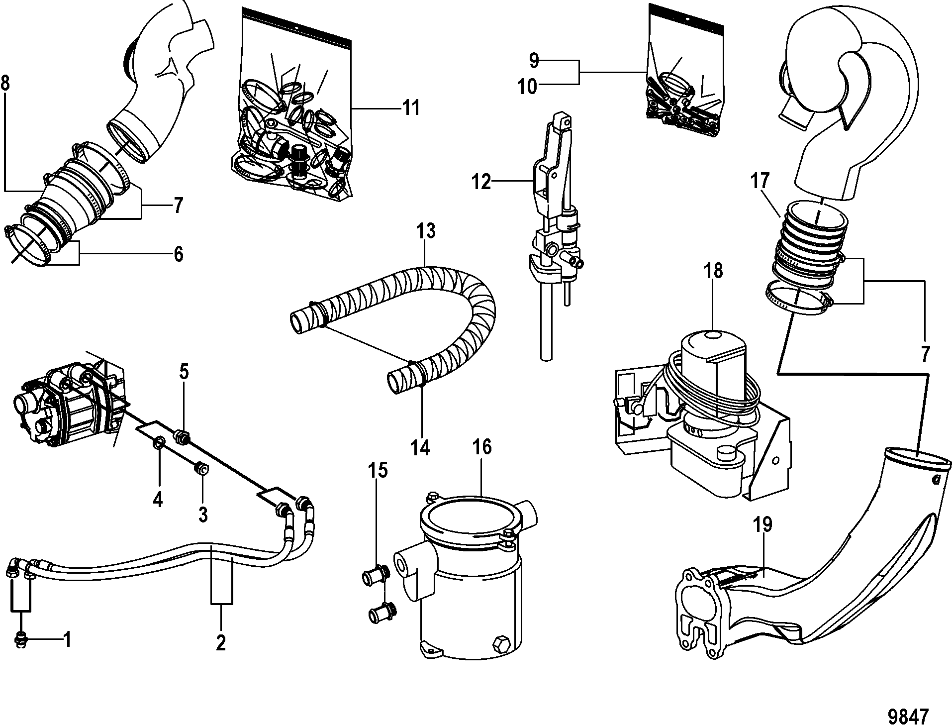 Exhaust Pipes, Trim Pump, SeaWater Filter