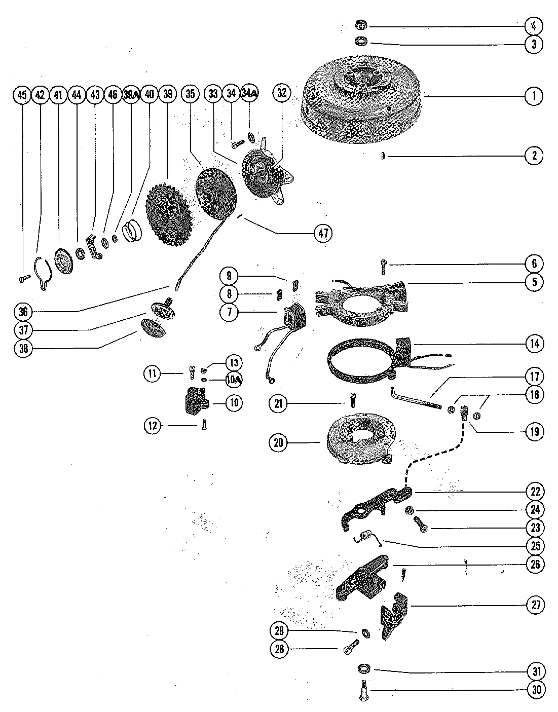 FLYWHEEL, STATOR AND MANUAL STARTER