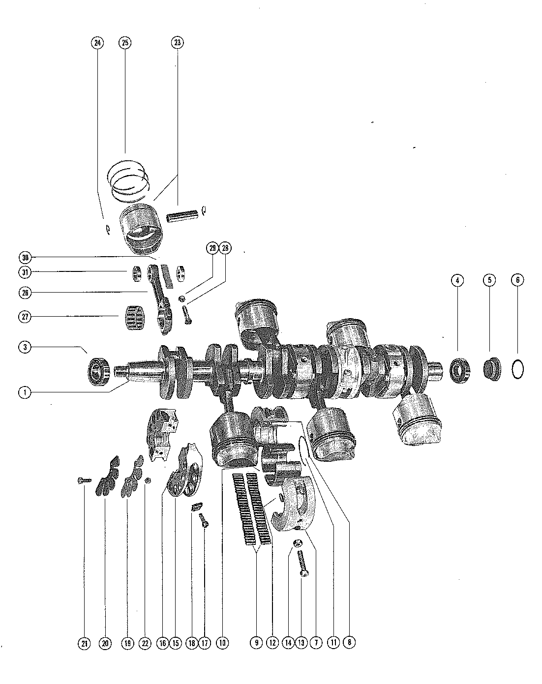 CRANKSHAFT, PISTONS AND CONNECTING RODS