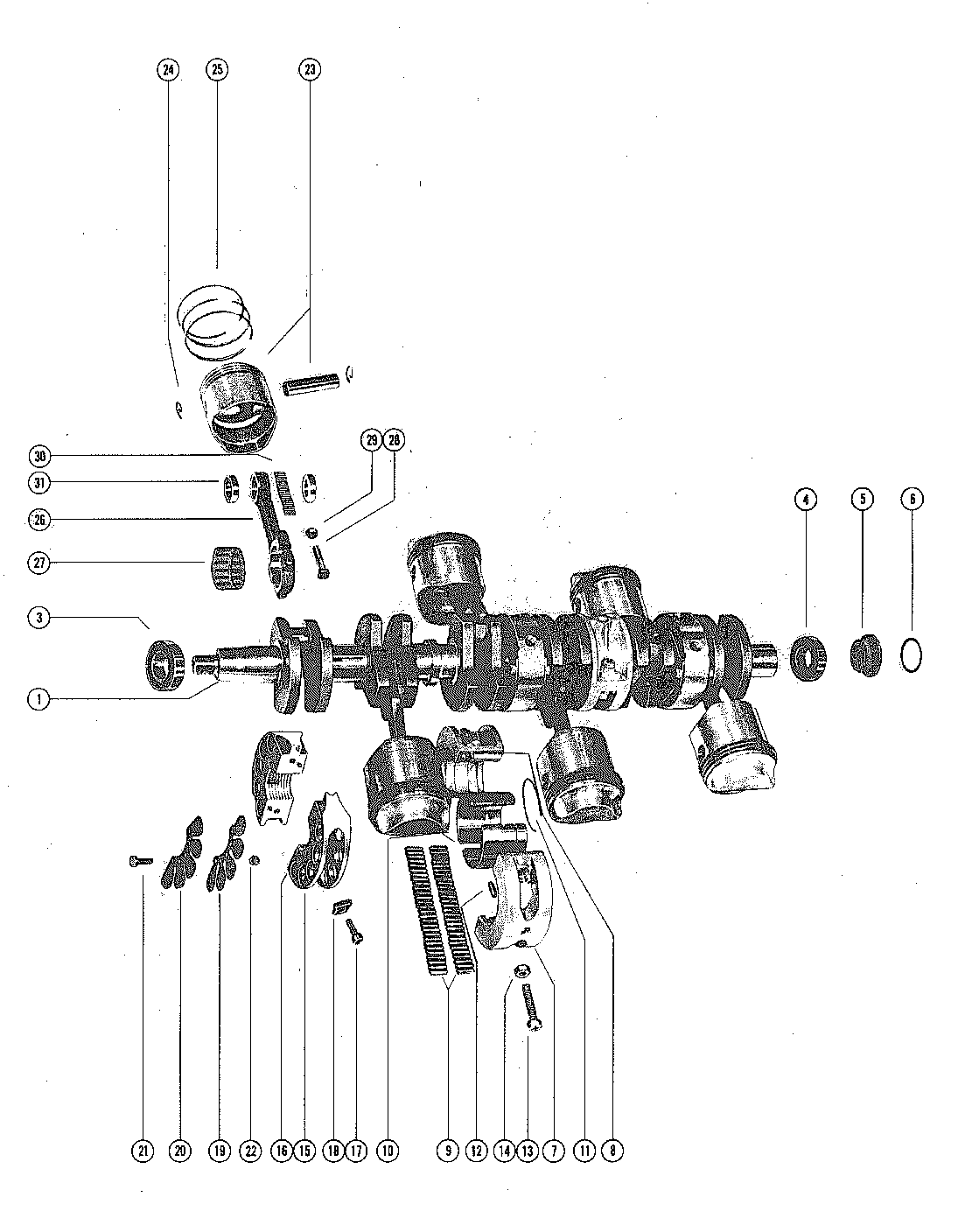 CRANKSHAFT, PISTONS AND CONNECTING RODS